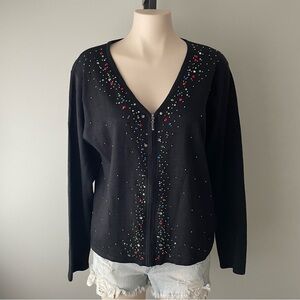Vintage Erika Rhinestone Gemstone Zip Up Knit Cardigan Sweater 90s Y2K Large
